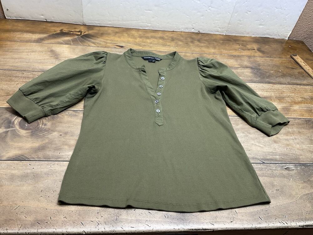 Veronica Beard Coralee High Volume Poplin Puff Sleeve Pima Cotton Green Top Sz L